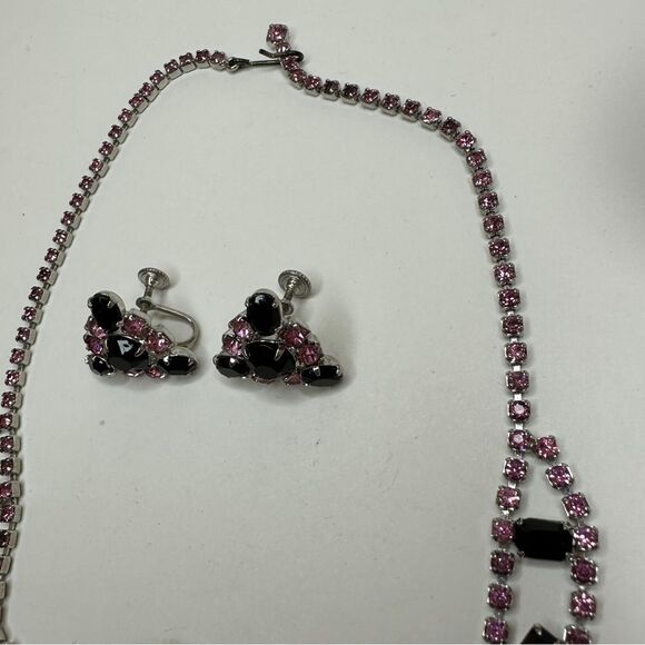Fashion Jewelry Black and Pink Rhinestone Necklace and Screw Back Earrings - Picture 5 of 14